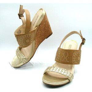 Kenneth Cole Reaction Sandals Skip Class Cork Wedge Sz 7.5M Brown Gold Laser Cut